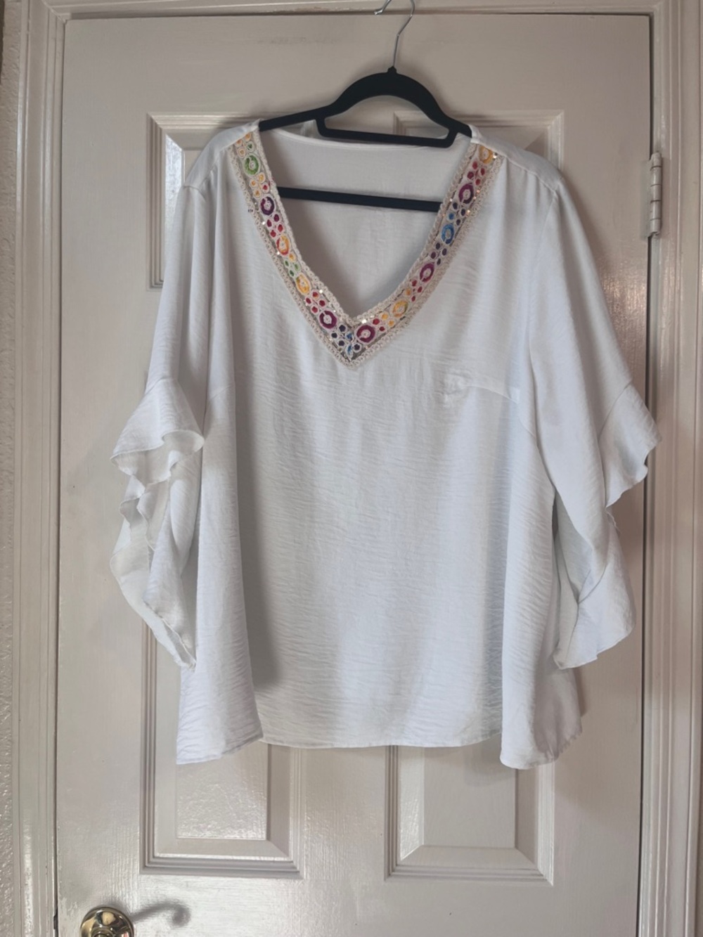 SHEIN White V-Neck Tunic with Rainbow Embroidered Trim